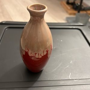 Small Handmade 5 1/2” H Shiny Vase. 1 1/2” Base, 1” Rim to Rim, Red W/ Tan Drip